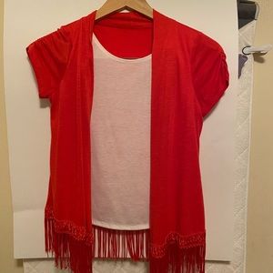 red and white child shirt/cover connected. fringe